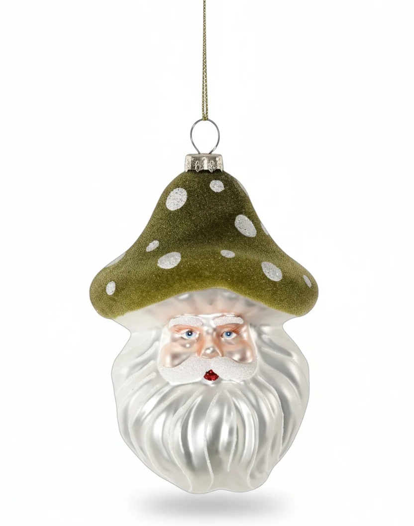 Whimsical Santa Claus Christmas ornament featuring a shimmering olive green mushroom cap with white polka dots, a flowing white beard, and rosy cheeks. Fearrington Village.