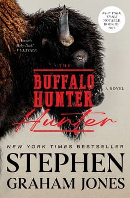 Book cover of The Buffalo Hunter Hunter by Stephen Graham Jones, featuring a close-up of a dark buffalo against a cream background with bold red and black typography. Fearrington Village.