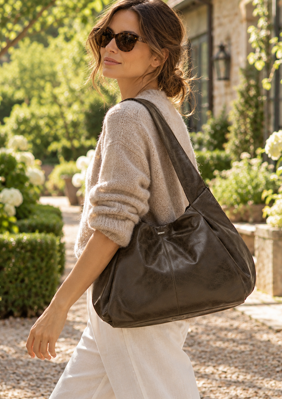 Woman wearing sunglasses and a cream knit sweater carries an oversized brown leather shoulder bag while strolling through sunlit gardens with white hydrangeas at Fearrington Village.