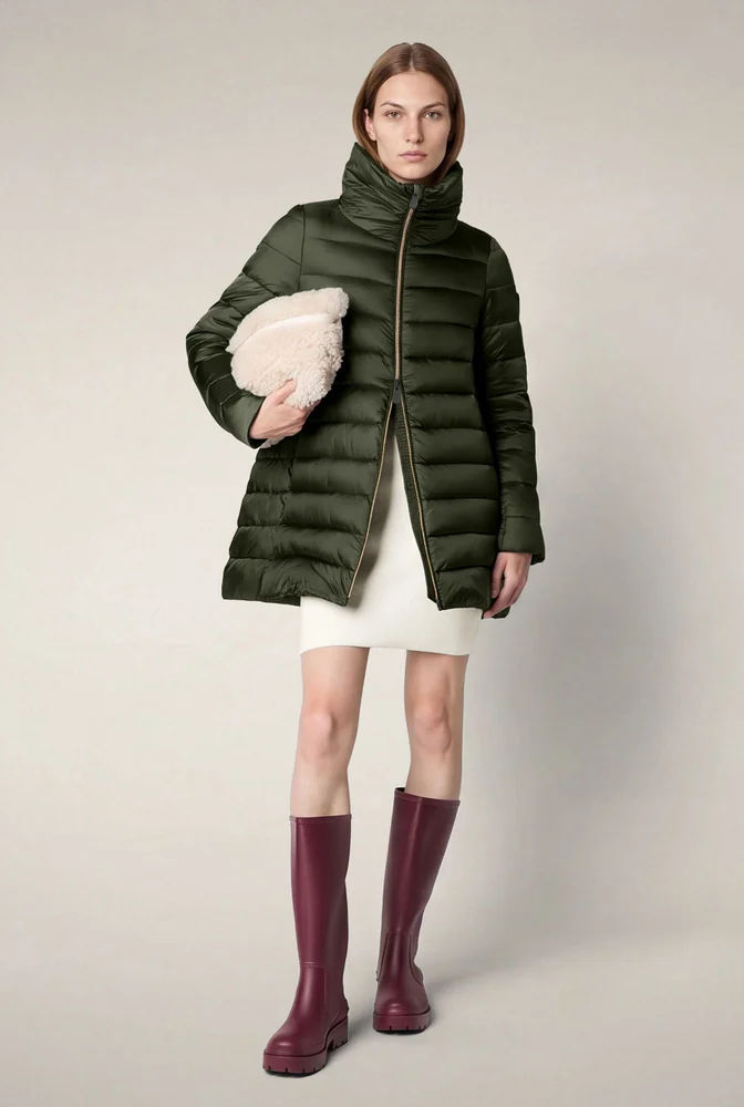Model wearing a dark olive green quilted puffer coat with a high collar over a cream mini dress, paired with burgundy knee-high boots and a cream shearling clutch. Fearrington Village.