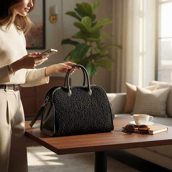 Woman in a cream sweater and tailored trousers holding a black textured handbag with leather handles beside a sunlit café table with coffee, sunglasses, and a book. Fearrington Village.