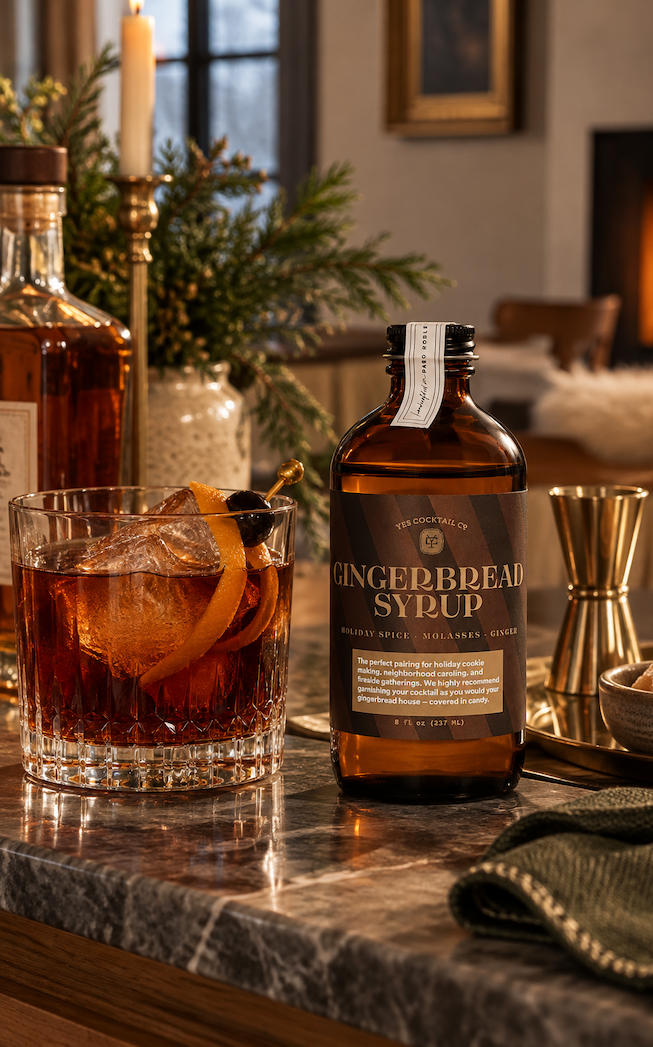 Yes Cocktail Co. Gingerbread Syrup beside a bourbon cocktail garnished with orange peel and cherry on a marble bar in a cozy Scandinavian home decorated for the holidays. Fearrington Village.