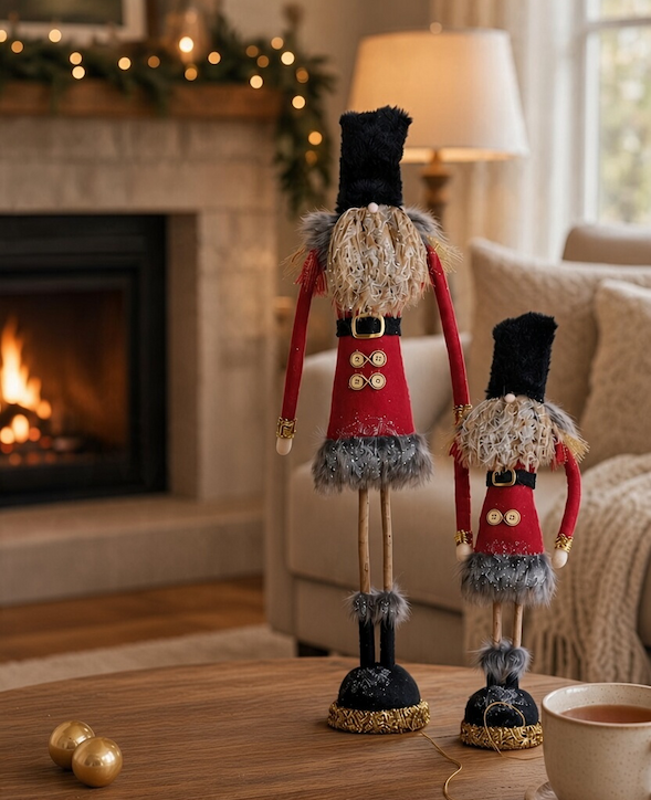 Two whimsical Christmas nutcracker figurines in red coats and tall black hats stand on a wooden coffee table beside a mug, with a glowing fireplace and festive garland in the background. Fearrington Village.