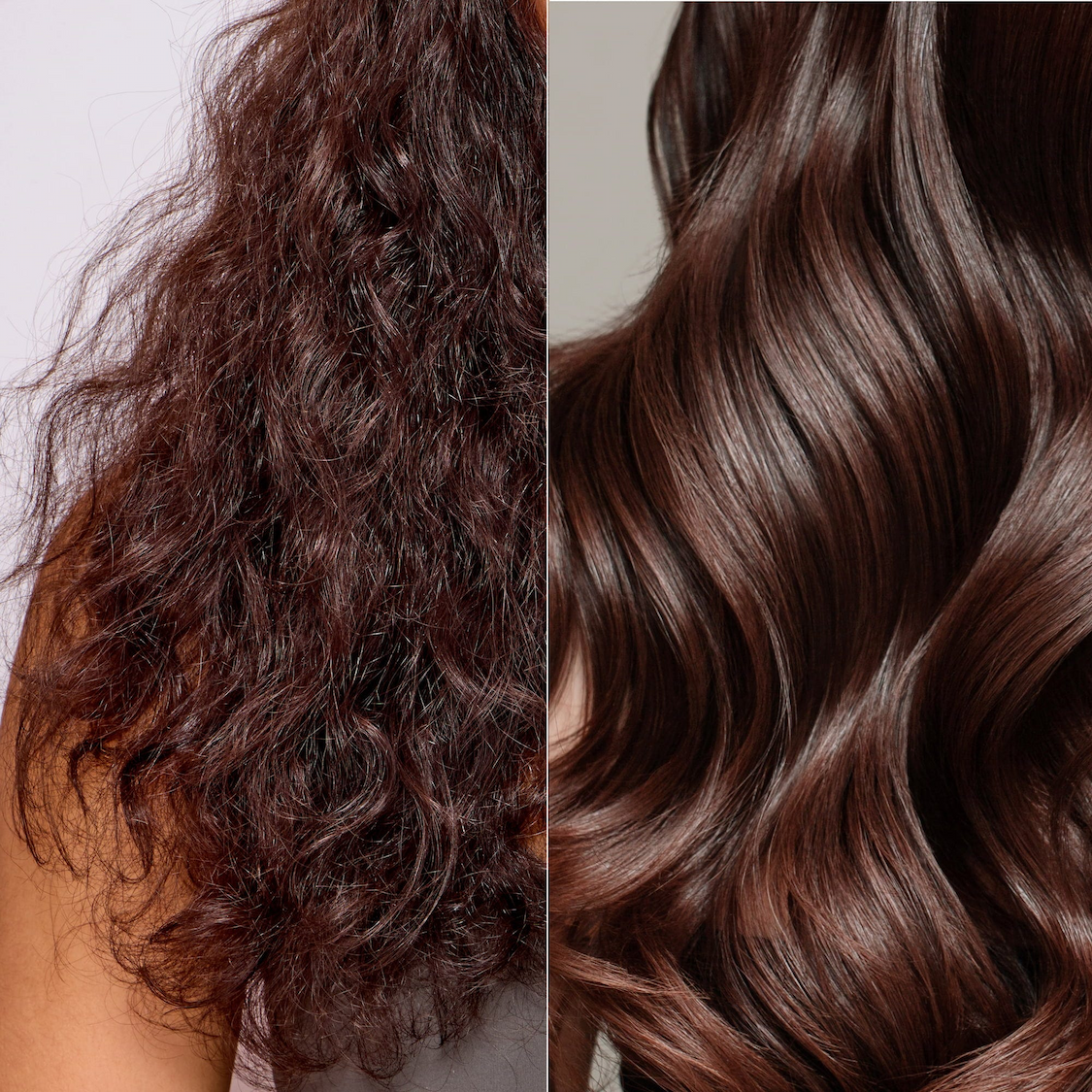 Before-and-after comparison of wavy brunette hair, showing a frizzier texture beside smooth, glossy, defined waves. Fearrington Village.