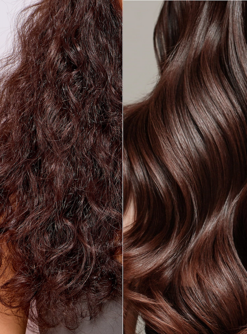 Before-and-after comparison of wavy brunette hair, showing a frizzier texture beside smooth, glossy, defined waves. Fearrington Village.
