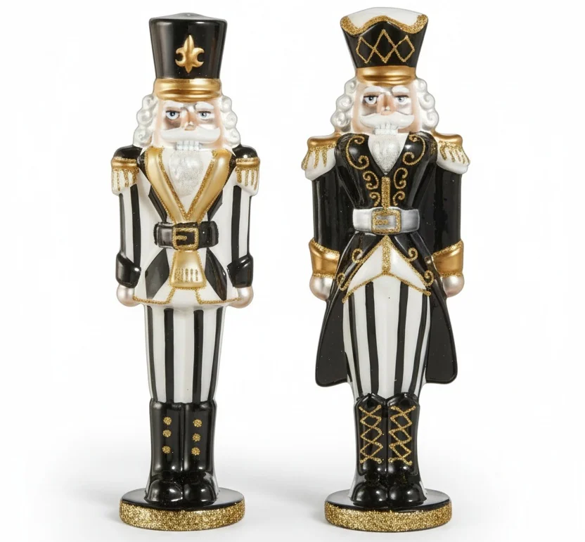 Two elegant Christmas nutcracker figurines in black, white, and gold uniforms, featuring striped trousers, ornate gold detailing, and glittered bases. Fearrington Village.