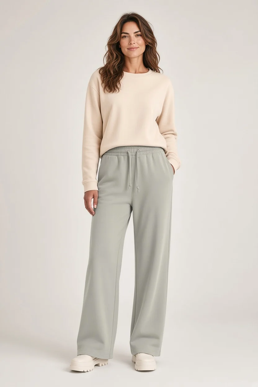 Model wearing a cream crewneck sweatshirt with sage green wide-leg drawstring pants and chunky white sneakers against a neutral studio background. Fearrington Village.