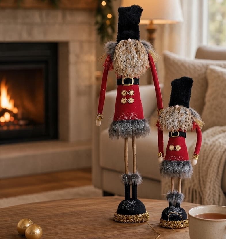 Two whimsical Christmas nutcracker figures in red coats and tall black hats displayed on a wooden coffee table beside a cup of tea, with a glowing fireplace and festive garland in the background. Fearrington Village.
