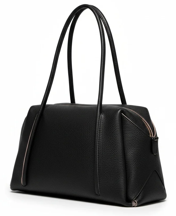 Structured black pebbled leather handbag with a rectangular silhouette, long double shoulder straps, and a zippered top. Fearrington Village.
