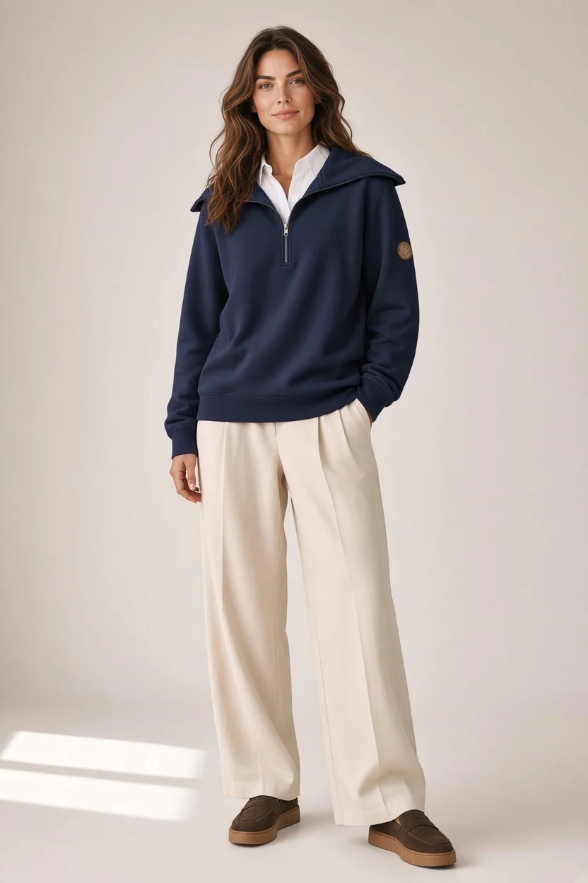 Model wearing a navy quarter-zip pullover with a wide collar over a white button-down shirt, paired with ivory wide-leg trousers and brown suede loafers against a neutral studio background. Fearrington Village.