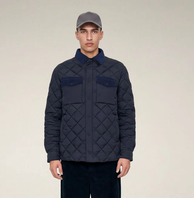 Model wearing a navy diamond-quilted shirt jacket with flap chest pockets, paired with dark trousers, brown suede shoes, and a gray baseball cap against a neutral beige background. Fearrington Village.