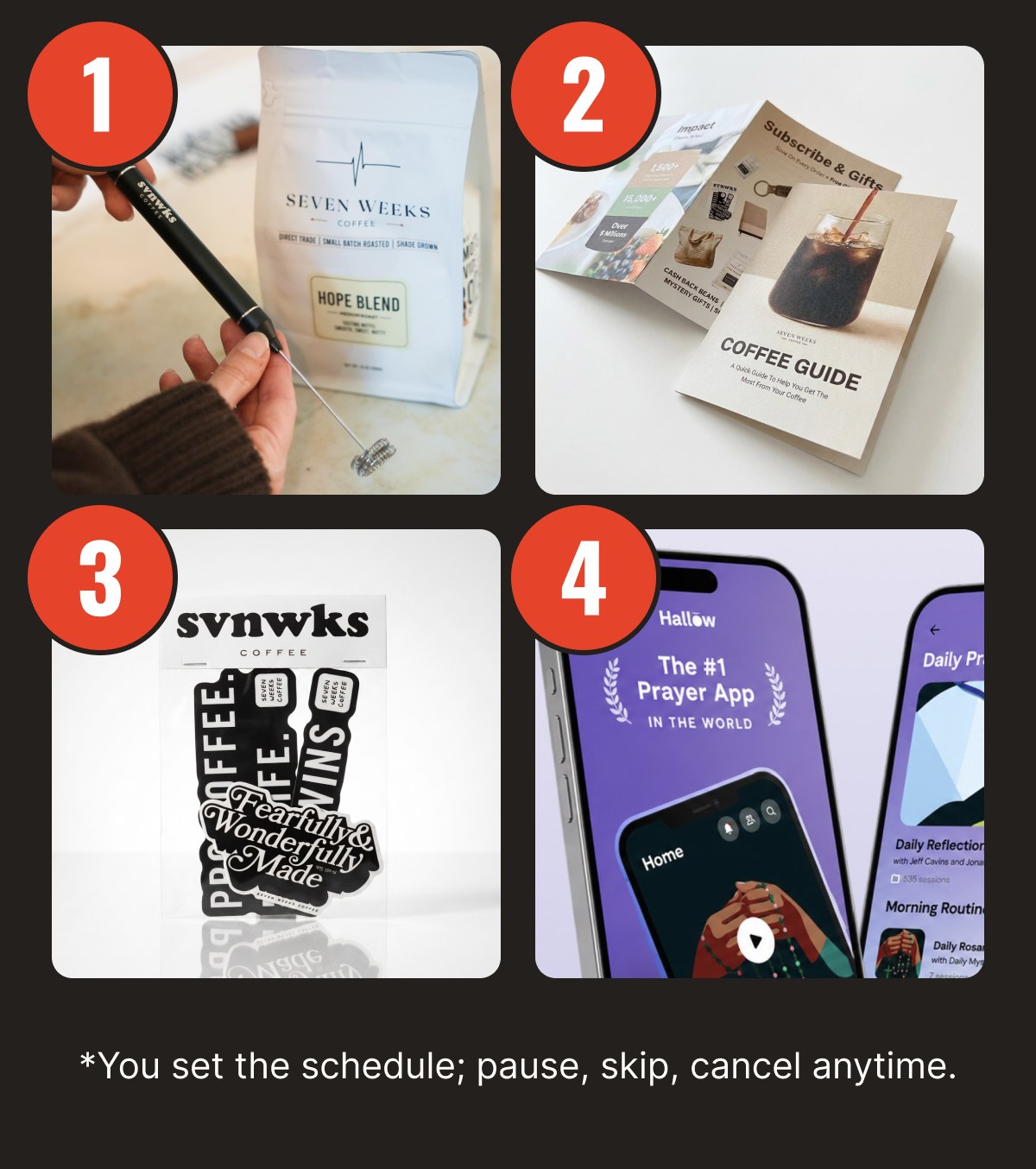 Free gifts: frother, coffee guide, sticker pack, Hallow prayer app. You set the schedule; pause, skip, cancel anytime.