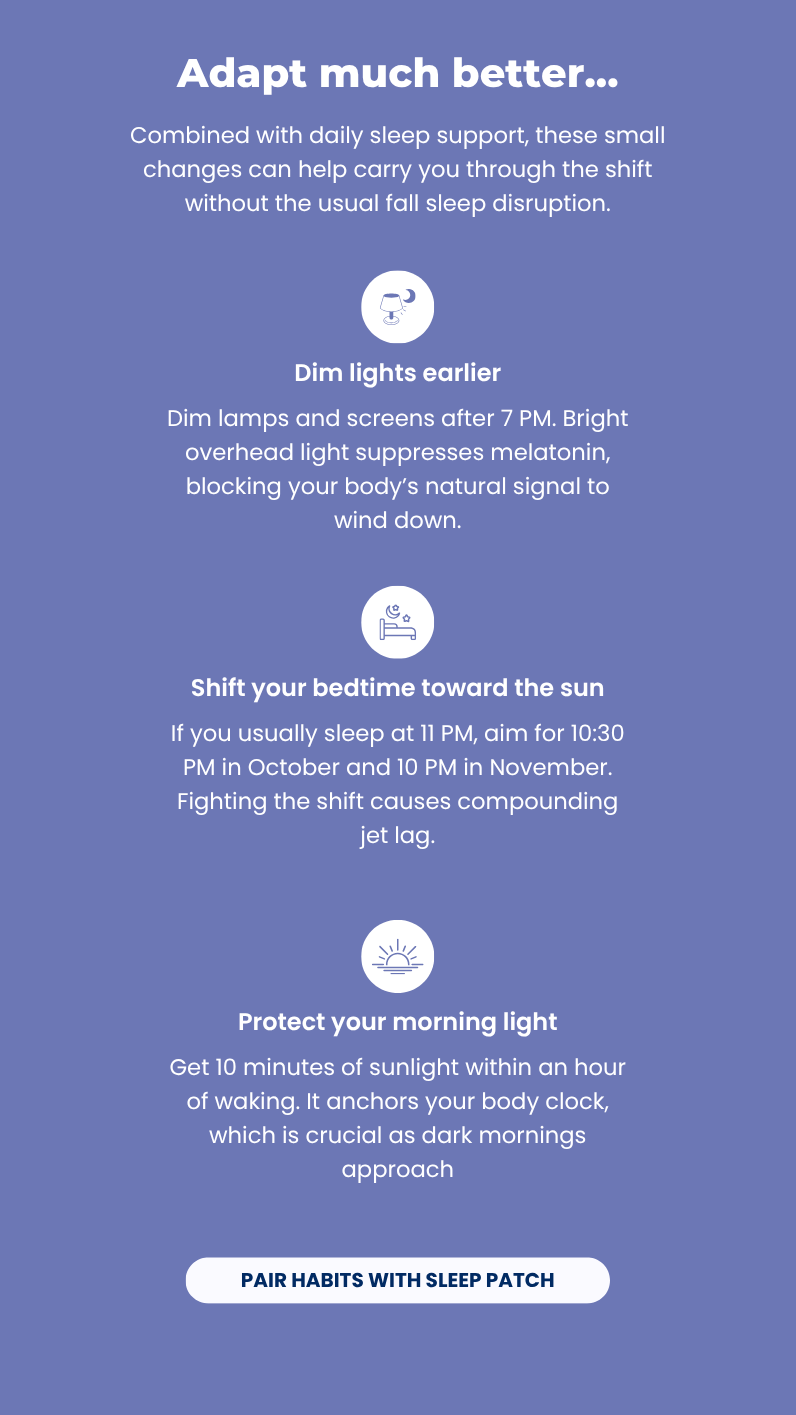 Small changes that can help carry you through the seasonal shift in your sleep without the usual fall sleep disruption: Dimming lights earlier, shifting your bedtime toward the sun, and protecting your morning light. 