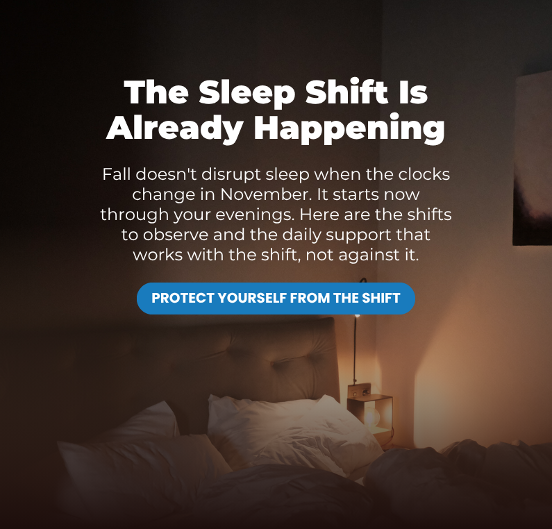 Dark bedroom with white bedding and headline: The Sleep Shift Is Already Happening, with a Protect Yourself From The Shift button.