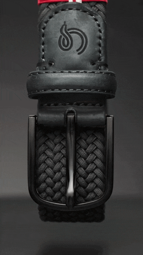 Close-up of La Boucle’s black DLC-coated buckle and braided belt