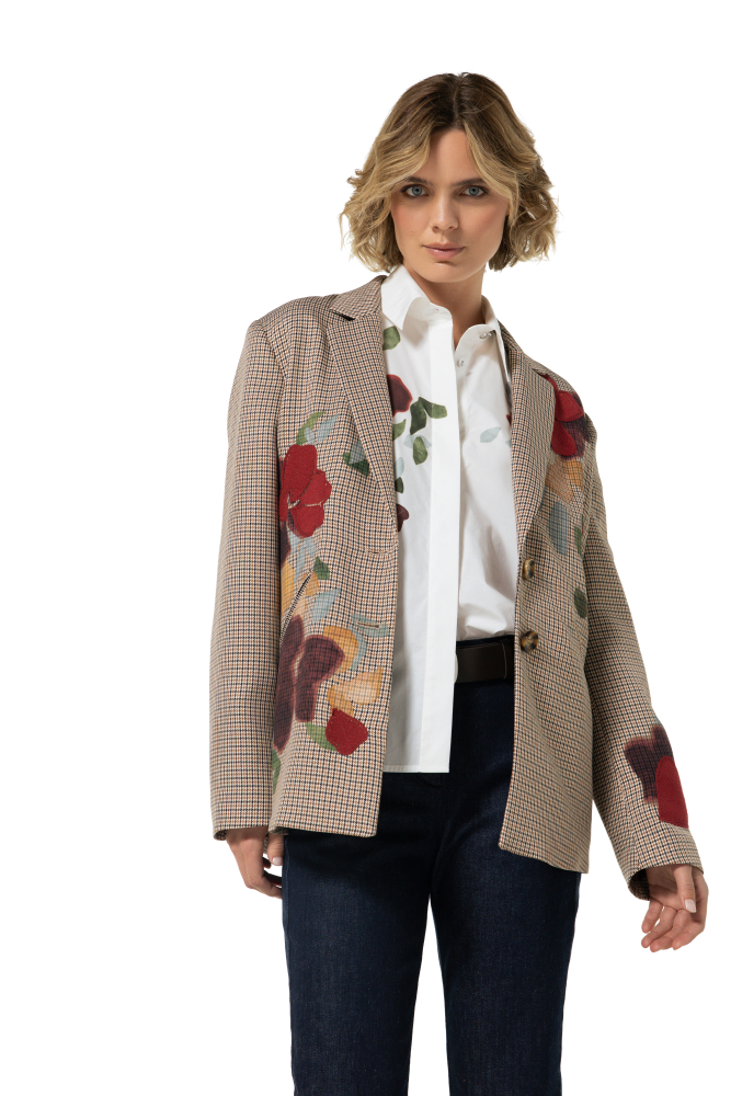 eye-catching checked blazer with floral details