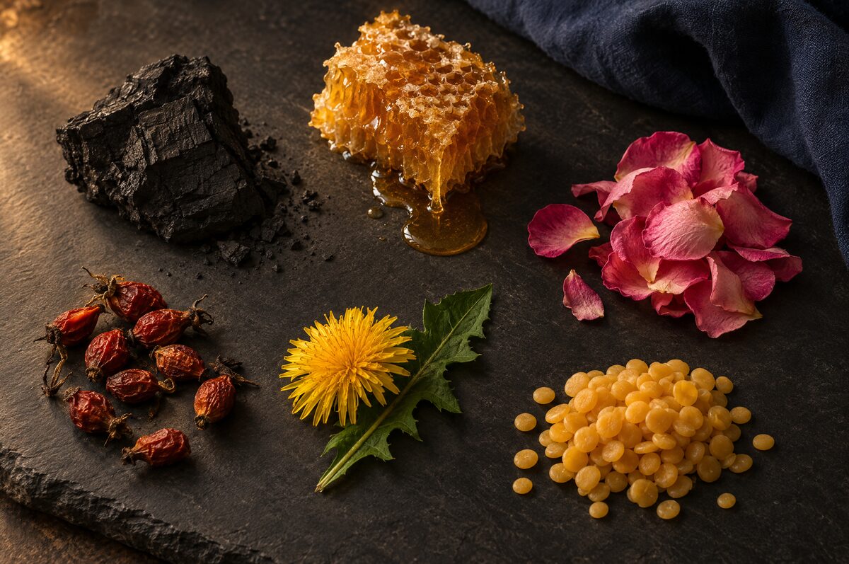 Activated charcoal, raw honeycomb, rose petals, rosehips, dandelion and beeswax on a slate bench.