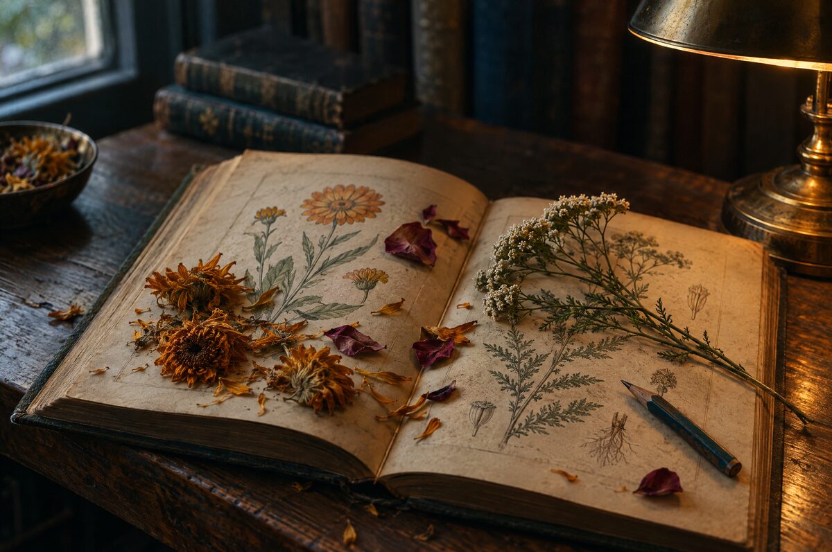 An old botanical skincare book open on a library table, calendula and rose petals across the pages.