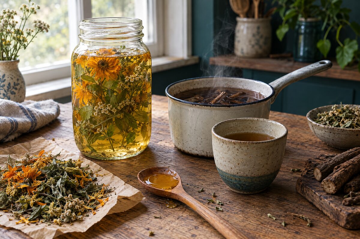 A mason jar of overnight calendula infusion, a pan of burdock root tea, and a cup with honey on a farmhouse table.