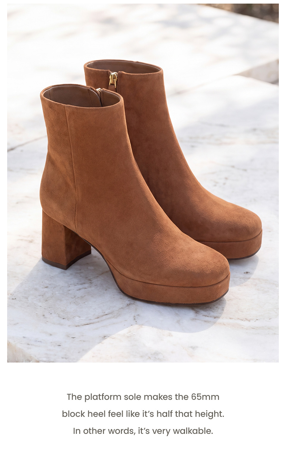 The platform sole makes the 65mm block heel feel like it’s half that height. In other words, it’s very walkable. 