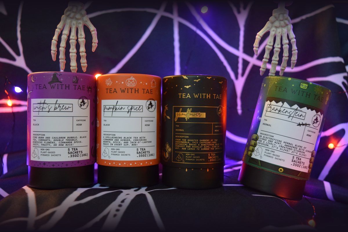 Witch's Brew, Pumpkin Spice, Ghoulflower and Frankenstein Halloween mini tea tubes