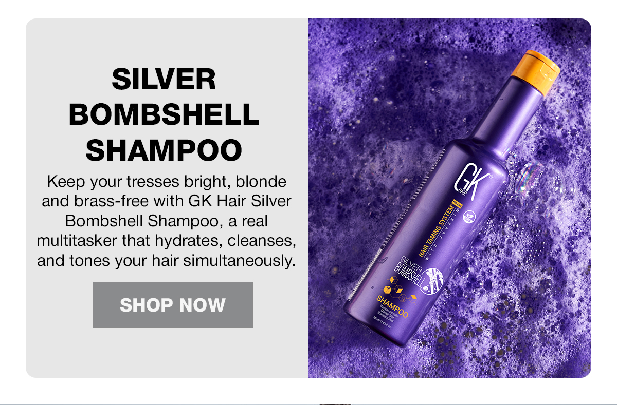 GK Hair Silver Bombshell Shampoo bottle in purple foam, with Shop Now button