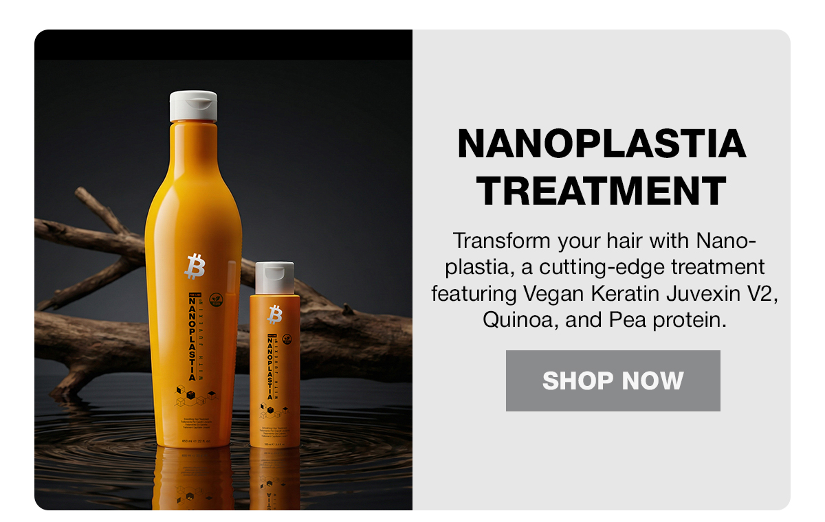 GK Hair Nanoplastia Treatment bottles on dark rippling water beside driftwood, with Shop Now button