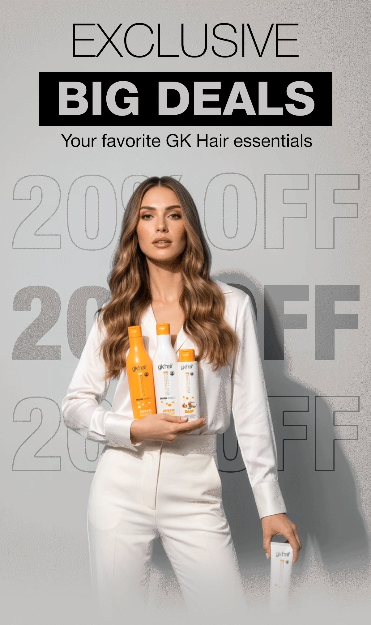 Exclusive Big Deals, up to 20% off: model in white holding three GK Hair bottles in front of large 20% OFF lettering