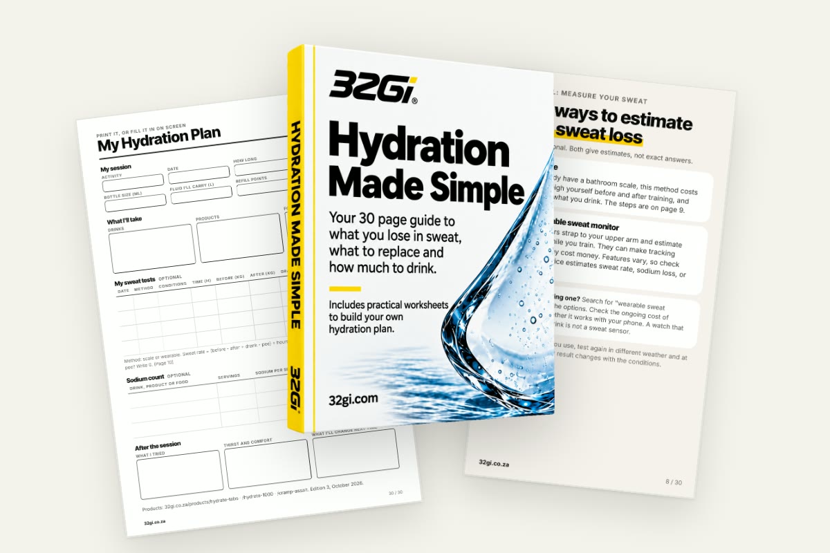 Inside your Hydration Guide: the cover, the My Hydration Plan worksheet and the page on two ways to estimate your sweat loss