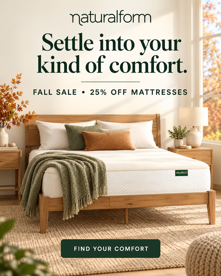 Family on a mattress with text about health and savings.