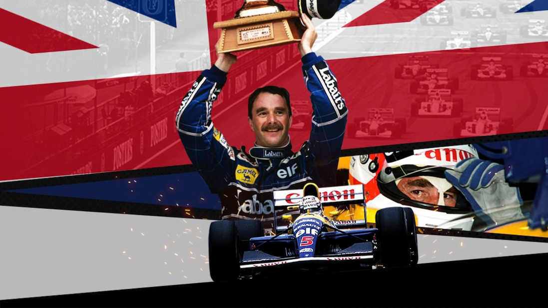 Motorsport collage featuring Nigel Mansell lifting a trophy, a Formula One car, helmet close-up, and Union Jack-inspired background with racetrack imagery.