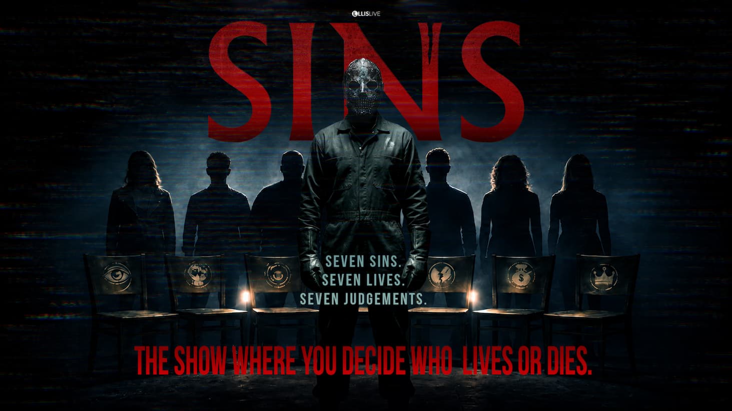 Dark promotional poster for SINS, showing a masked central figure before seven silhouetted people and symbolic chairs, with ominous red text and dramatic lighting.