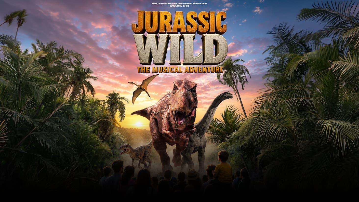 T-rex running through jungle centre with other dinosaurs and jurassic wild the musical adventure in bold letters