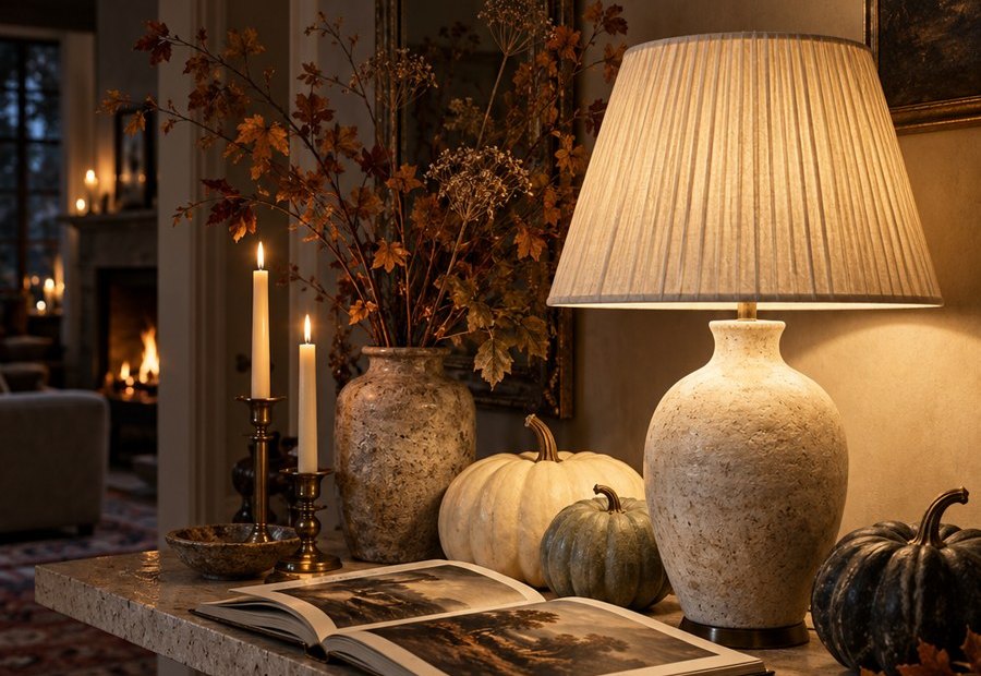Table lamp glowing beside candles and pumpkins