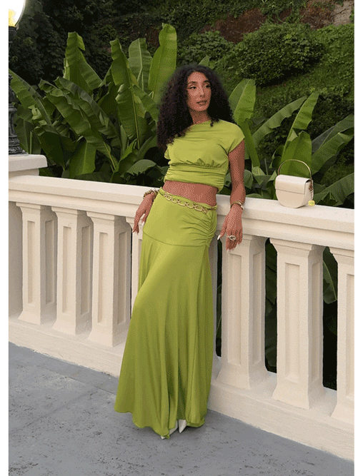 @khatiajashi wears Liana Asymmetrical Top and Ruched Maxi Skirt - Green