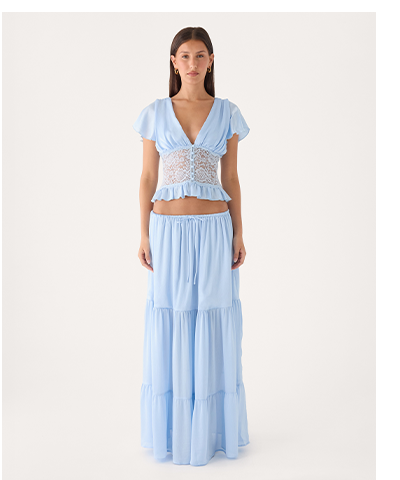Morino Lace Button Up Top and Tiered Maxi Skirt Tiered Maxi Skirt - Blue - Baby Blue