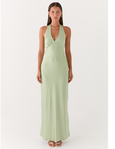 Heavy Hearted Satin Maxi Dress - Sage