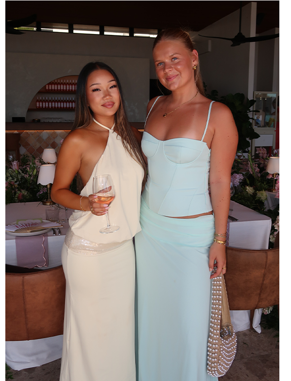 @prue.chuenchom wears Marcie Halter Maxi Dress - Yellow, @chlloewillson wears Tayana Corset Top & Natalya Maxi Skirt - Pistachio 