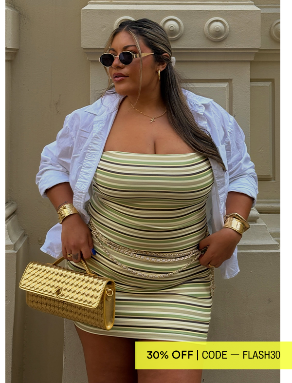 @bianca_j wears Ayvah Strapless Mini Dress - Golden Kiwi Stripe