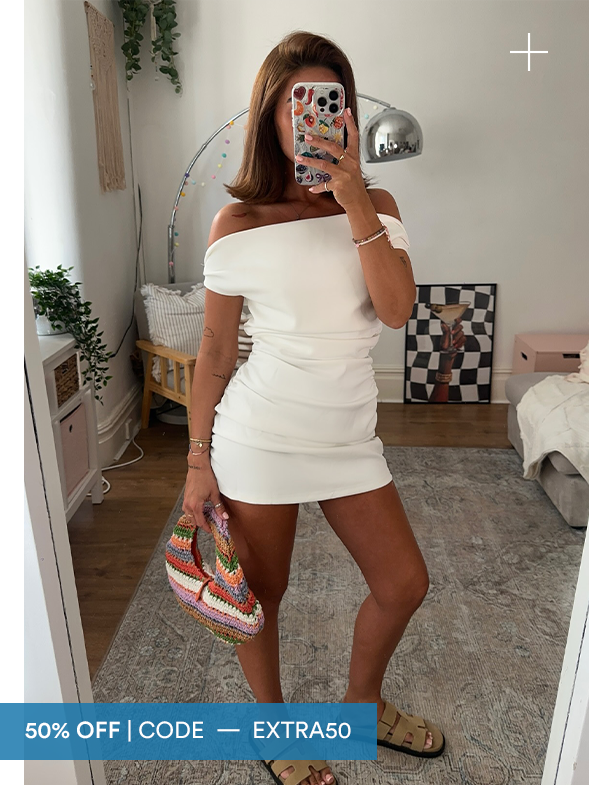 @demi.harveyy wears Morgan Off Shoulder Mini Dress - Ivory