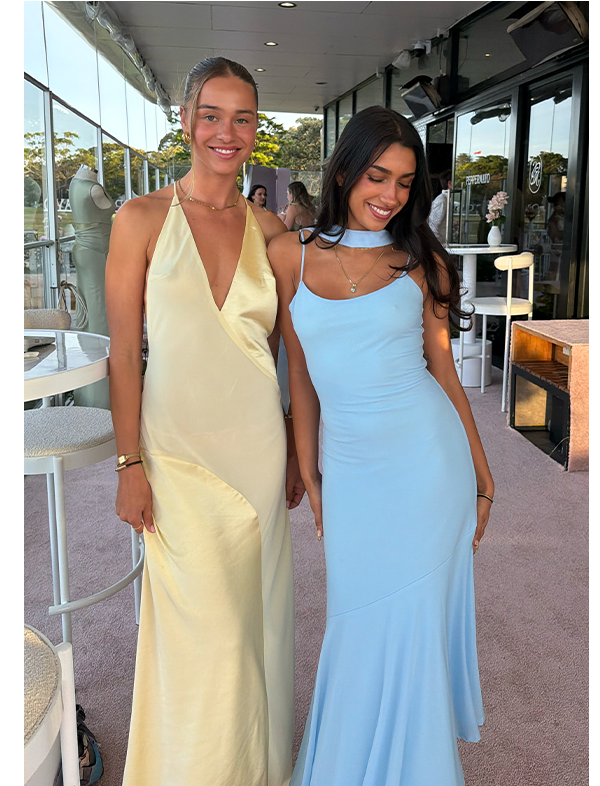 @ellabarker1 wears Ellopez Maxi Dress - Yellow, @indiraviswanathan wears Demitra Midi Dress - Blue