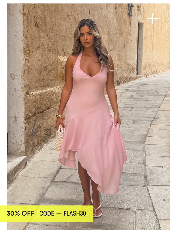 @y1smin wears Faelie Halter Neck Asymmetrical Midi Dress - Pink