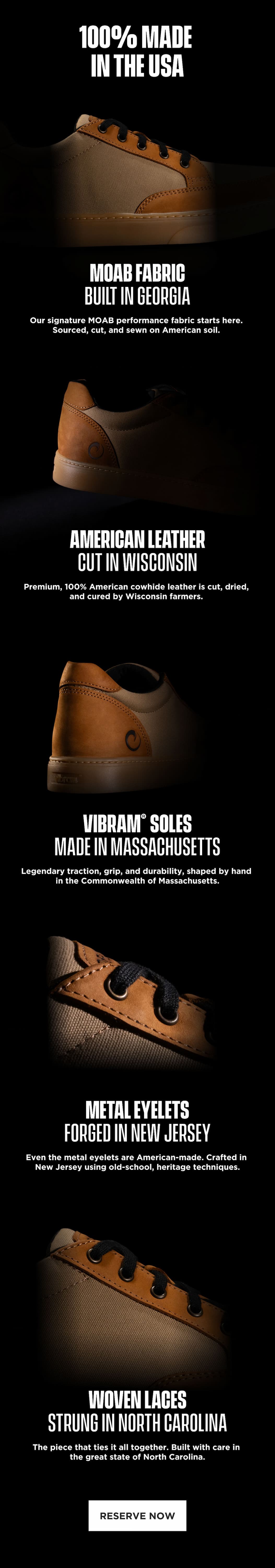 Explore the Standard Low’s American-made components: MOAB fabric, leather, Vibram soles, metal eyelets and woven laces.
