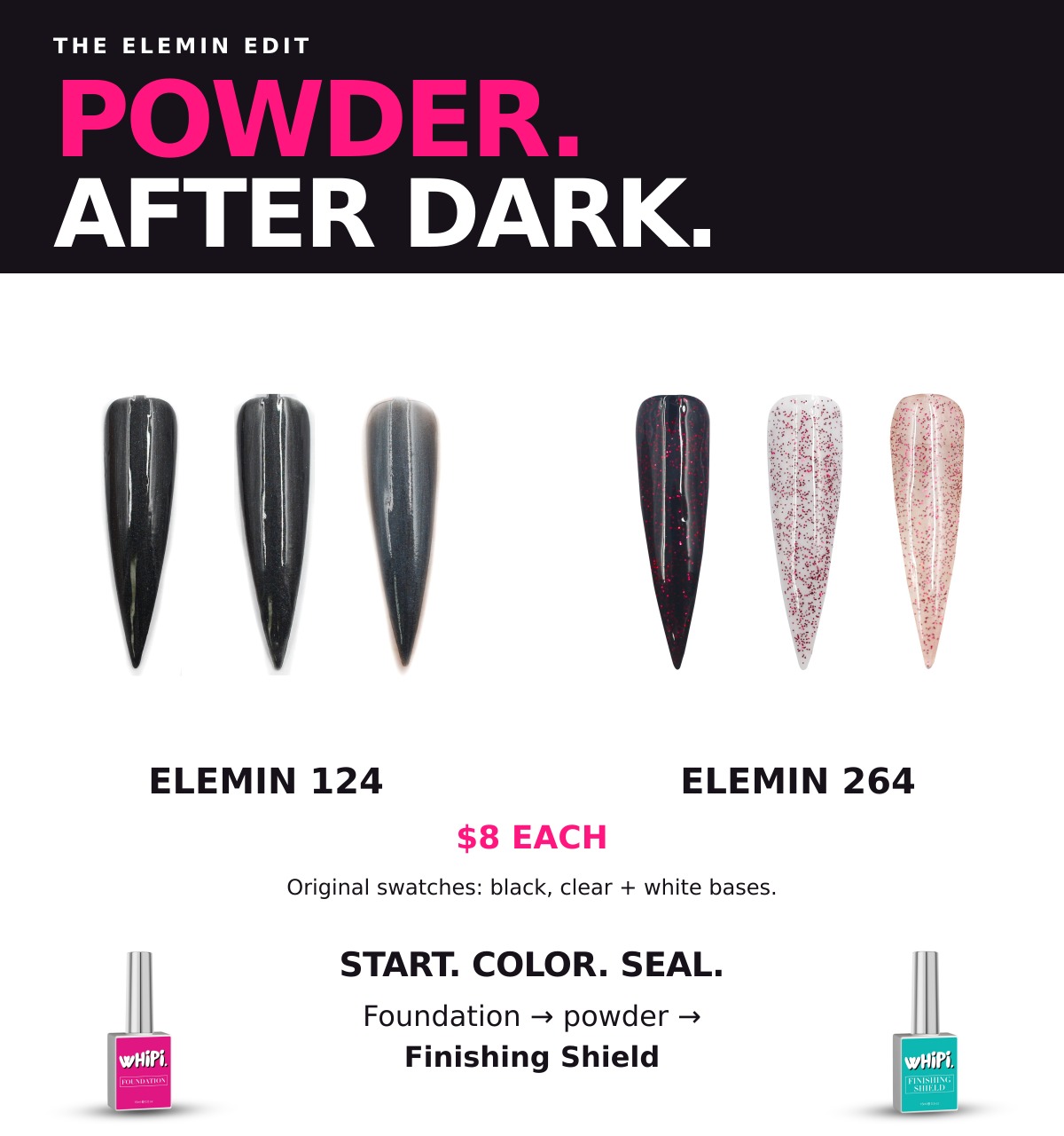 The Elemin edit: authentic 124 and 264 three-base swatches, $8 each, with original Foundation and Finishing Shield bottles.