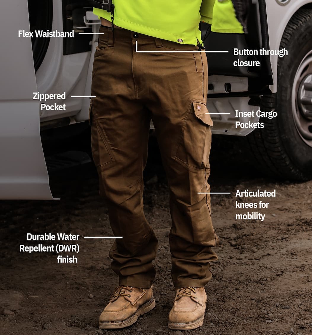Tradebuilt. Flex Waistband. Button through closure. Zippered Pocket. Inset Cargo Pockets. Durable Water Repellent finish. 