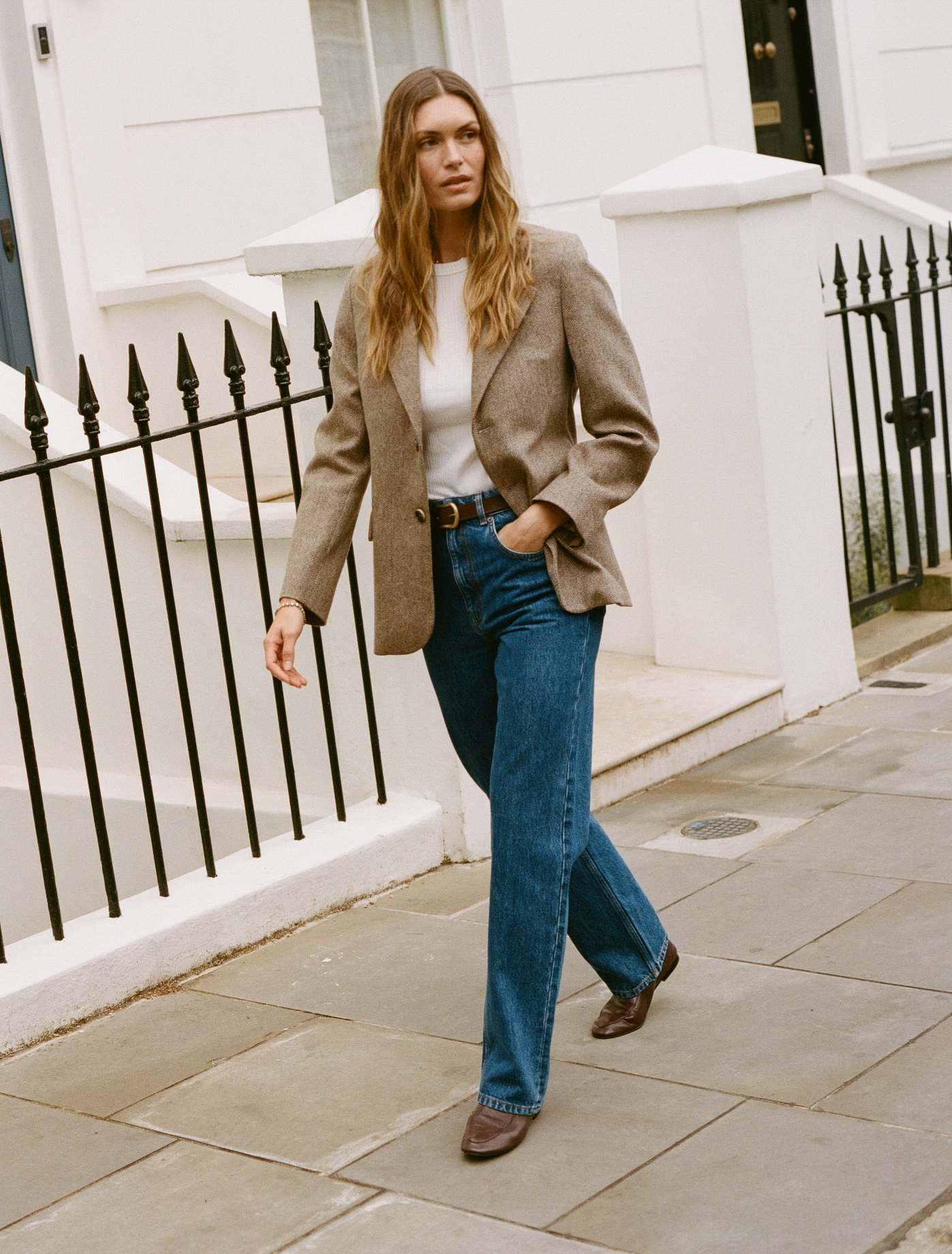 Hacking Jacket: Wool, Light Brown Herringbone
