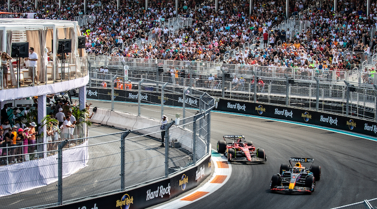 Formula 1 cars racing at a grand prix