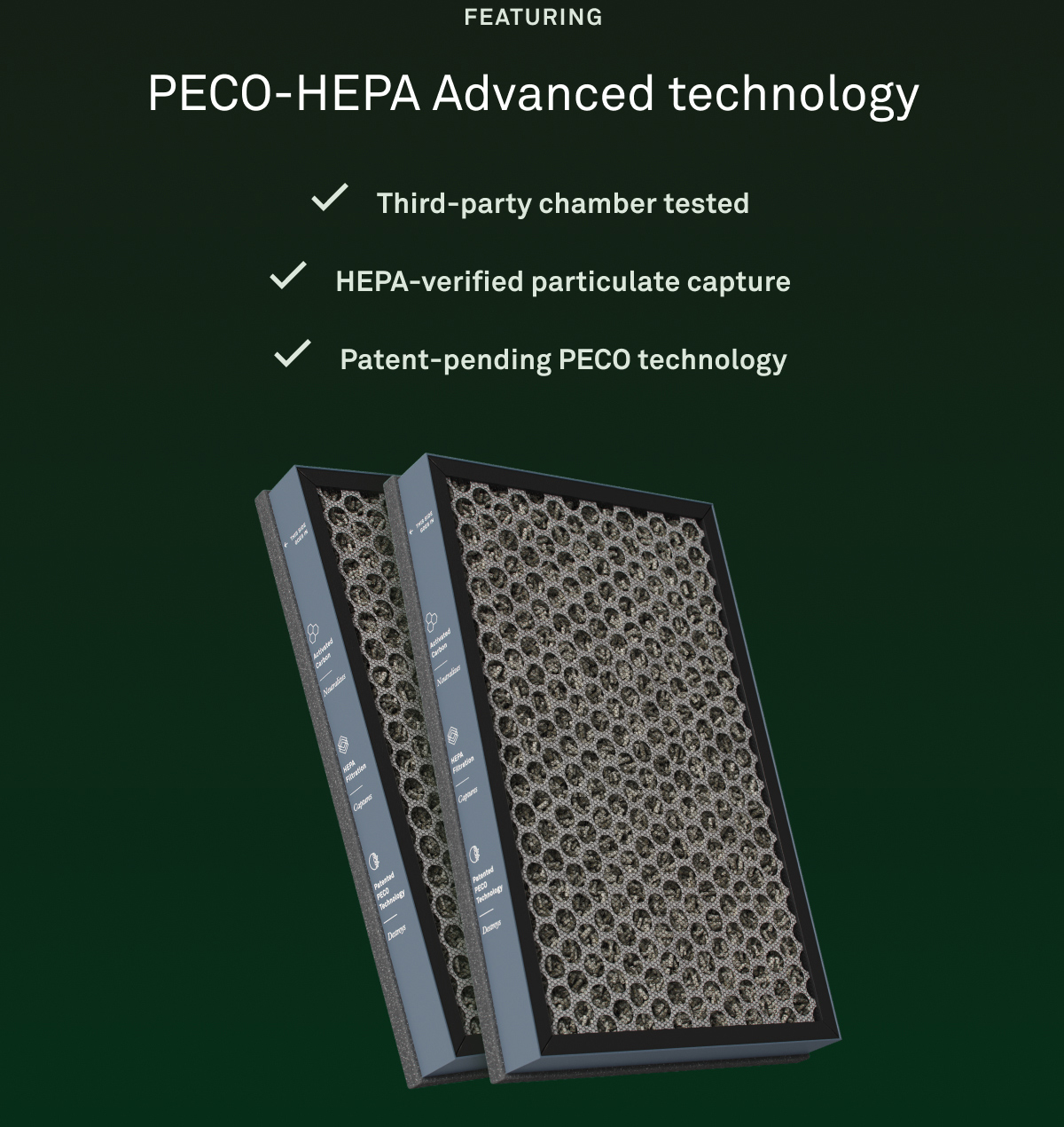 Featuring PECO-HEPA Advanced technology. Third-party chamber tested. HEPA-verified particulate capture. Patent-pending PECO technology