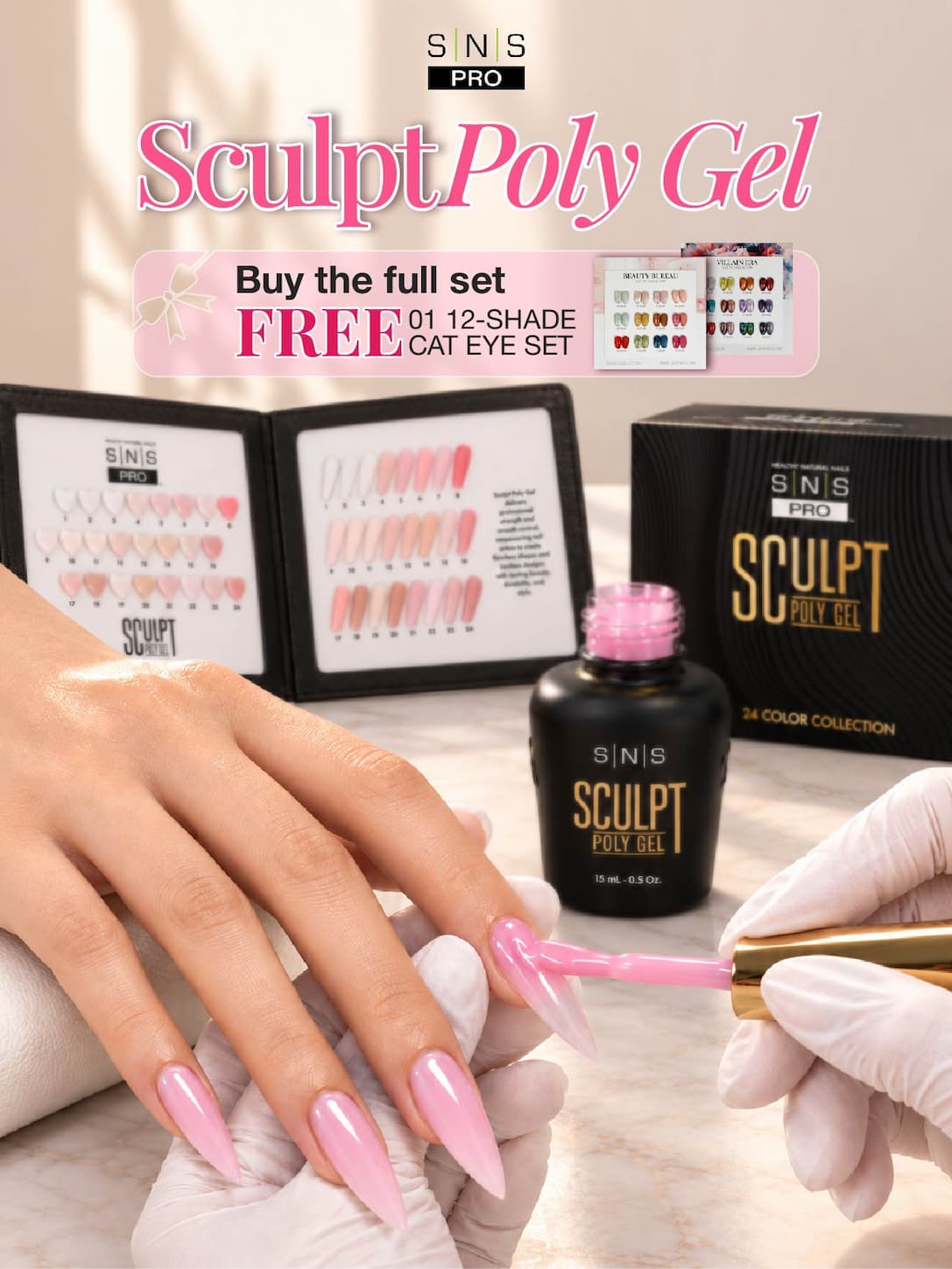 SNS Pro Sculpt Poly Gel 24 colors — buy the full set, get a 12-shade cat eye set free