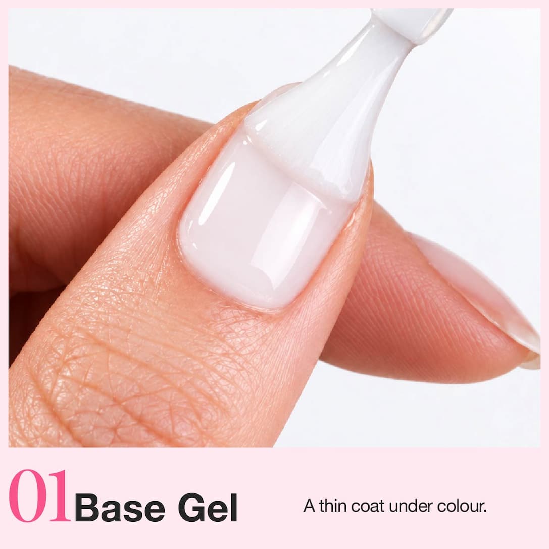 01 Base gel — a thin coat under colour.